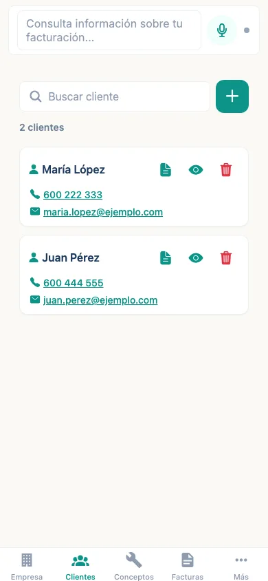 Listado de clientes con María López y Juan Pérez.