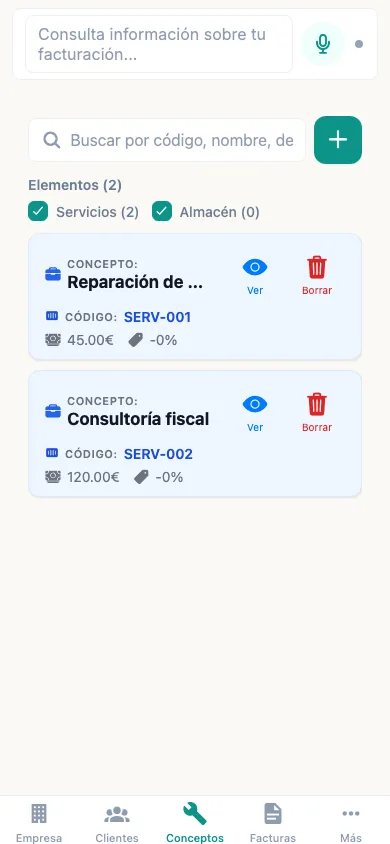 Catálogo de conceptos y servicios disponibles.