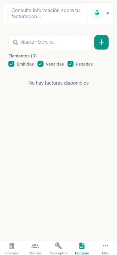 Listado de facturas de ejemplo en la experiencia móvil de Emitia