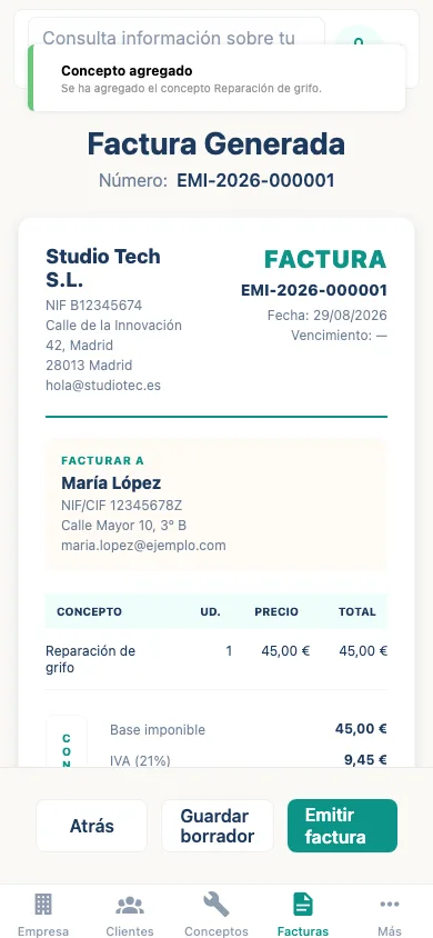 Vista previa del PDF de una factura generada por Emitia.